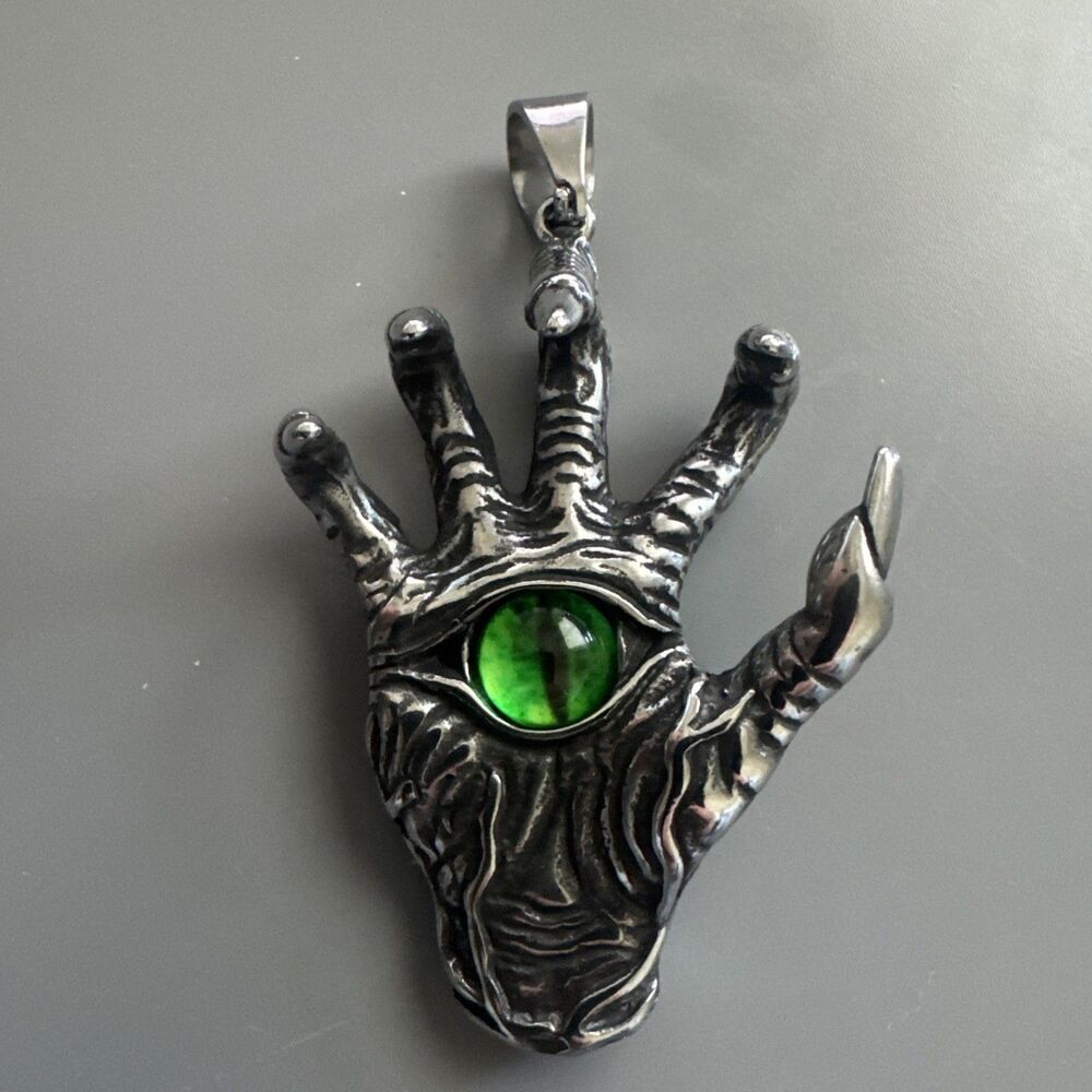 Hand Skeleton Skull Pendant 24” Chain Stainless Steel Viking Gun Metal Green Eye